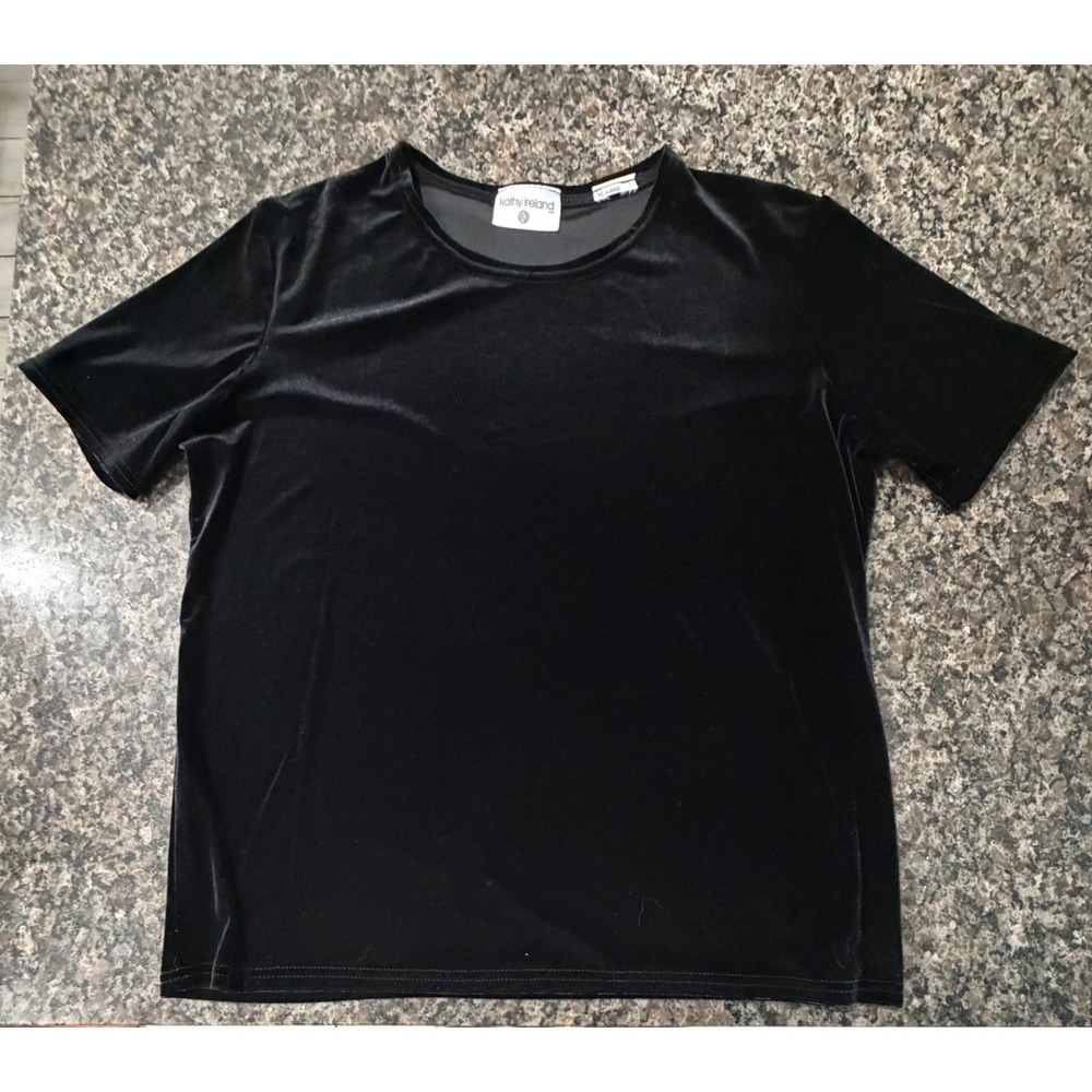 Kathy Ireland Womens Black Velvet Short Sleeve Crew Neck Top Size M